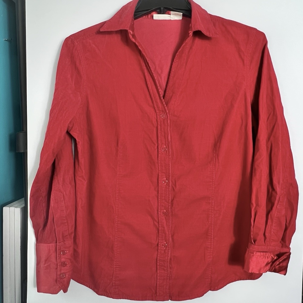 Vintage St Johns Bay Womens Large Red Soft Corduroy‎ Button Up Shirt Long Sleeve